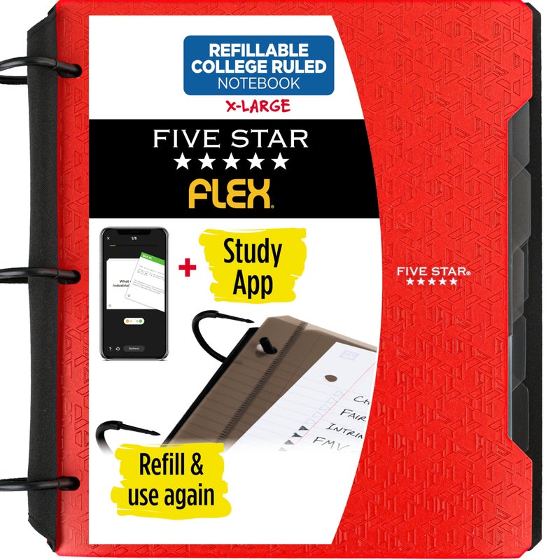 Five Star Flex Refillable Notebook + Study App, College Ruled Paper and 1-1/2 Inch TechLock Ring Binder with Pockets, Tabs and Dividers, 300 Sheet Capacity, Fire Red (29324AB2) - Image 1